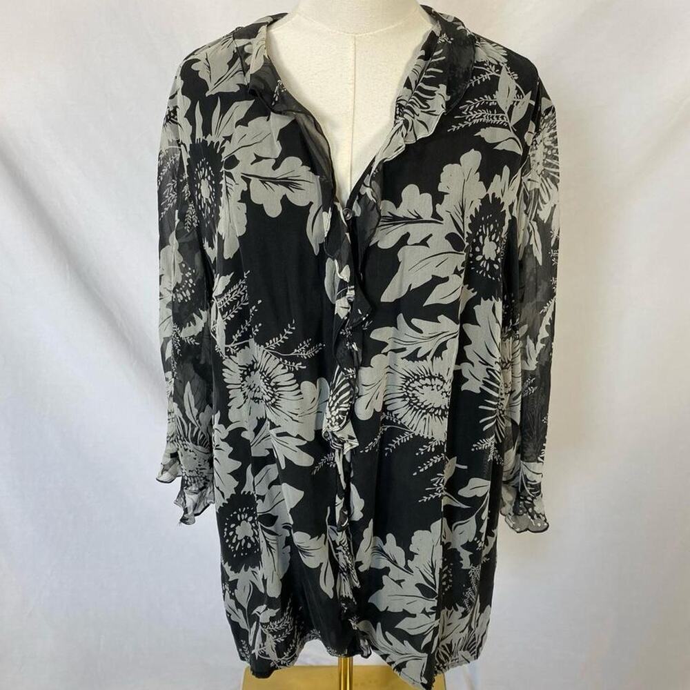 Allison Taylor black‎ grey floral silk top size 2x  vintage whimsy formal
